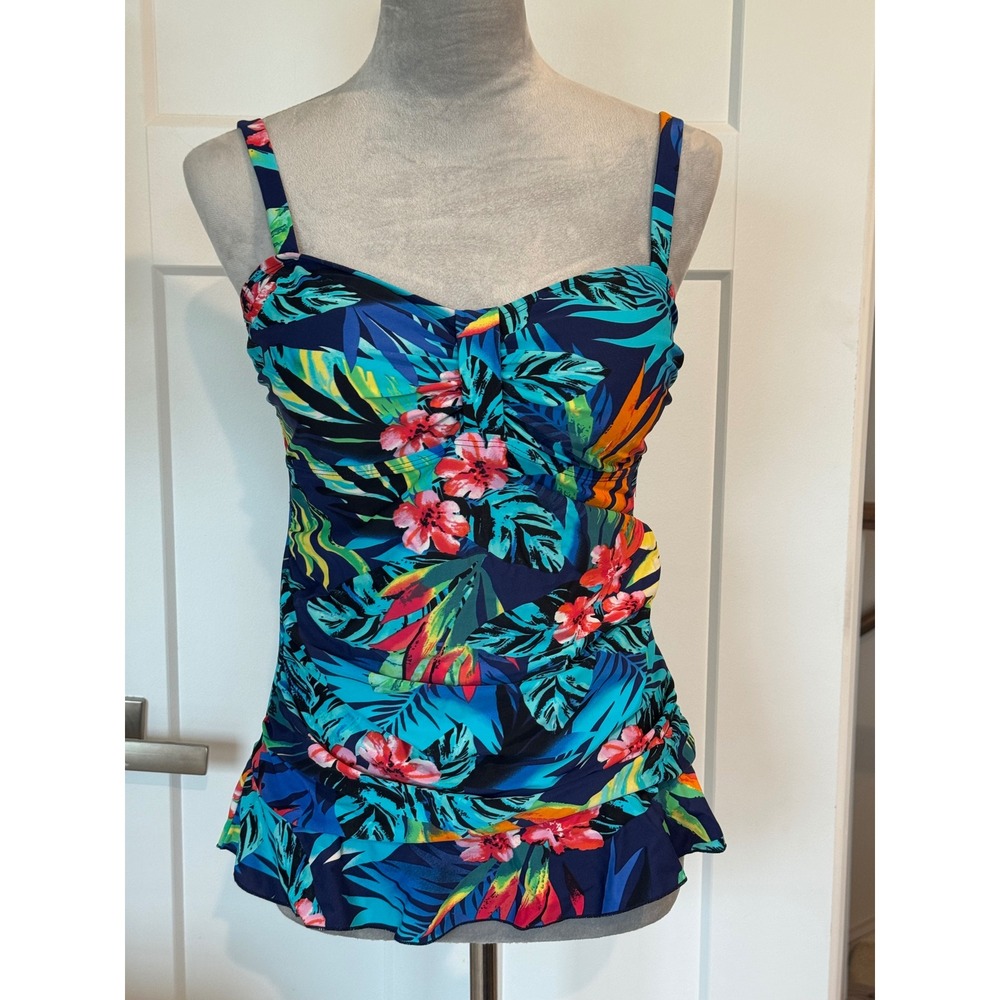 Tropical Floral Tankini Top Navy Blue Hibiscus Palm Ruched Peplum Swim Size 10